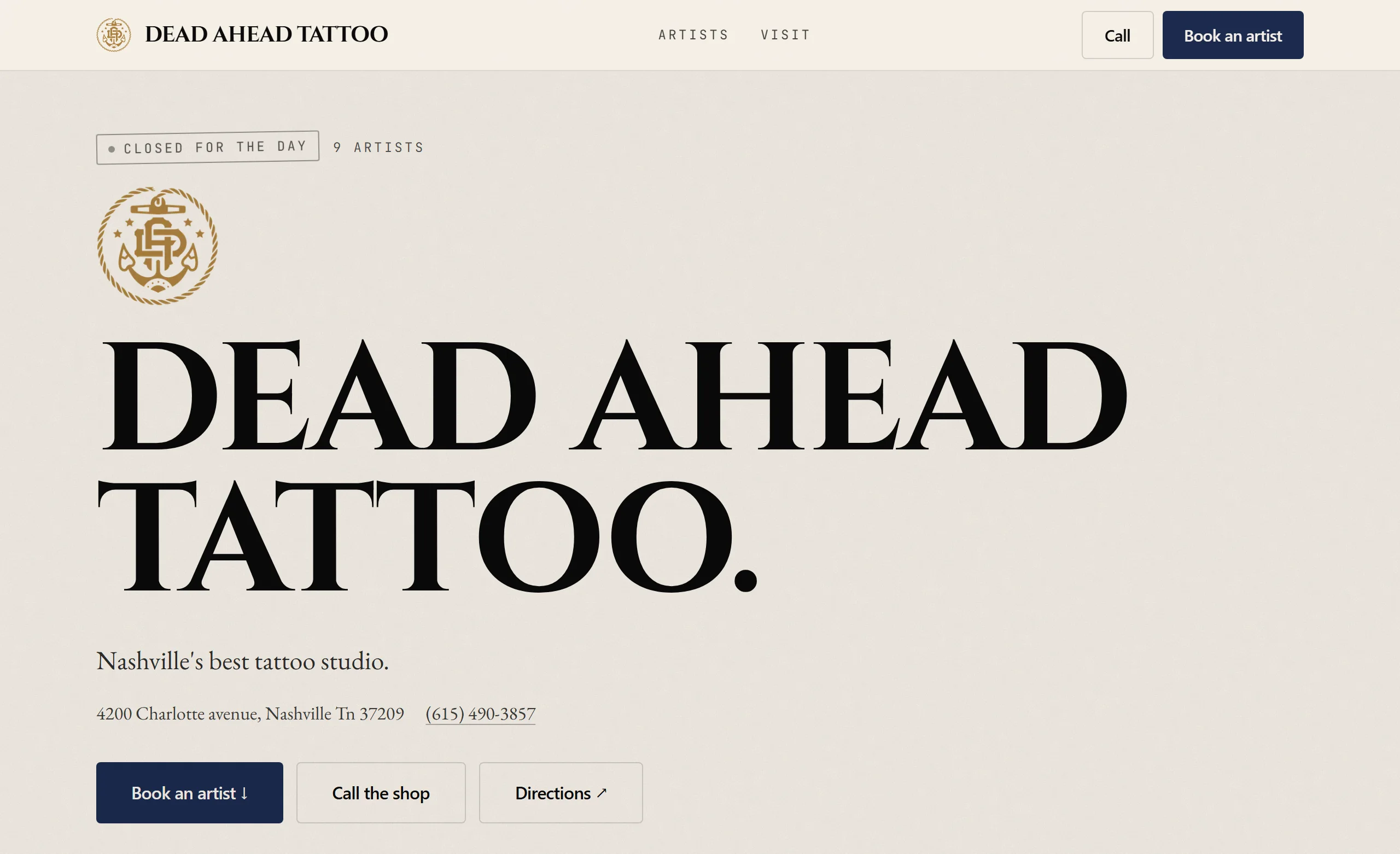 The Dead Ahead Tattoo shop page on coil: the shop's logo, its name in large type, the Nashville address, and its chairs