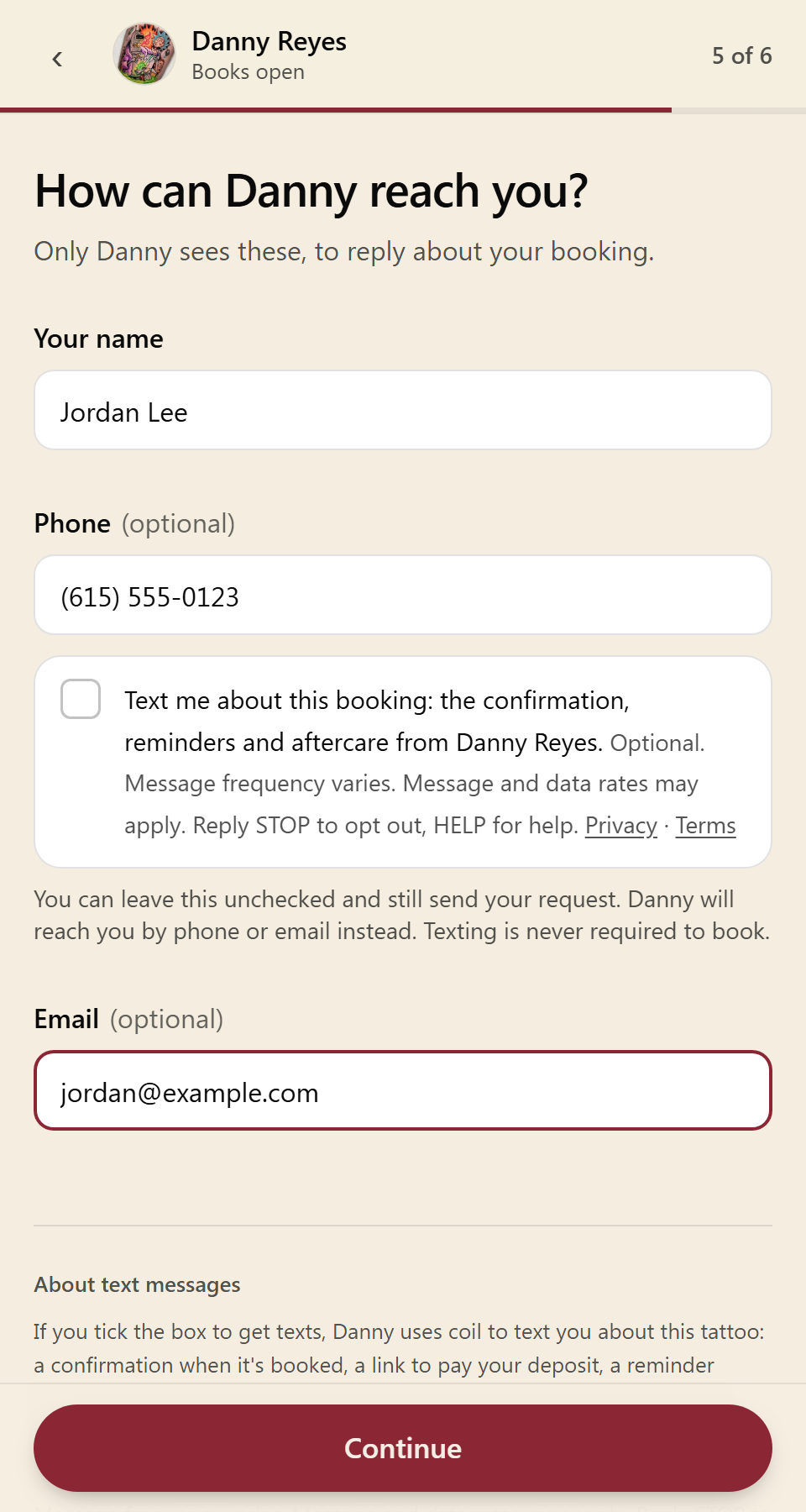 Step 3: SMS consent is OPTIONAL and declining does not block the booking